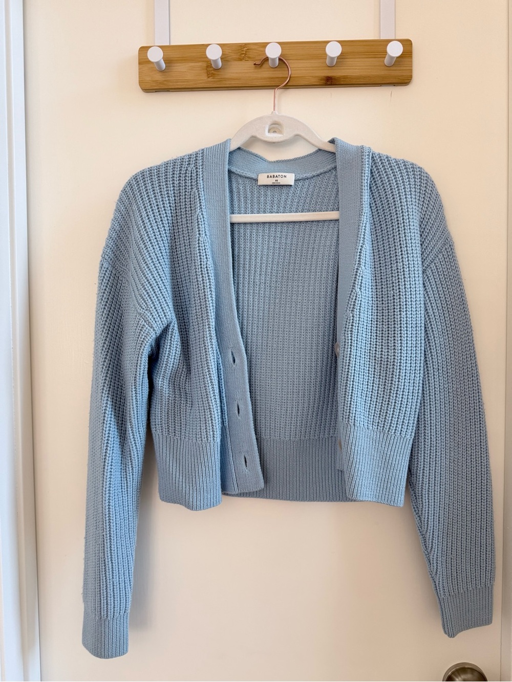 Babaton Light Blue Cropped Waffle-Knit Cardigan
